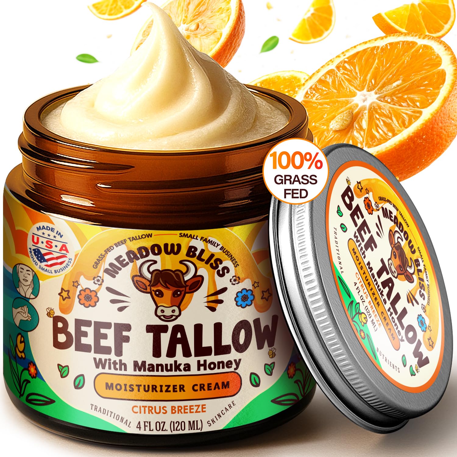 Meadow Bliss Beef Tallow for Skin – Whipped Moisturizer with Manuka Honey & Jojoba Oil | Citrus Breeze, 4 oz