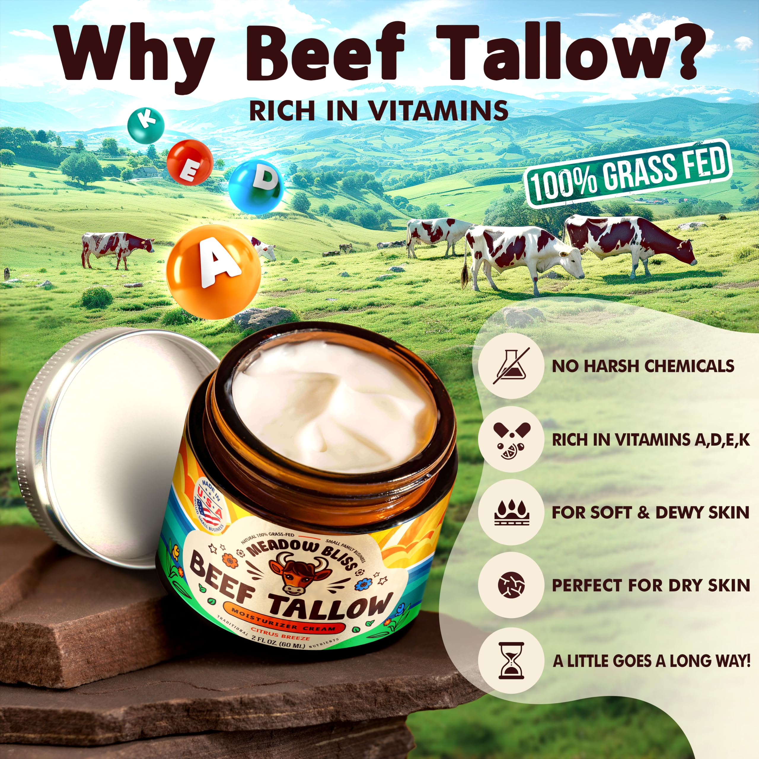 Meadow Bliss Beef Tallow for Skin – Moisturizer Cream with Grass-Fed Tallow, Organic Jojoba Oil & Shea Butter | Citrus Breeze | 4 oz | Made in USA