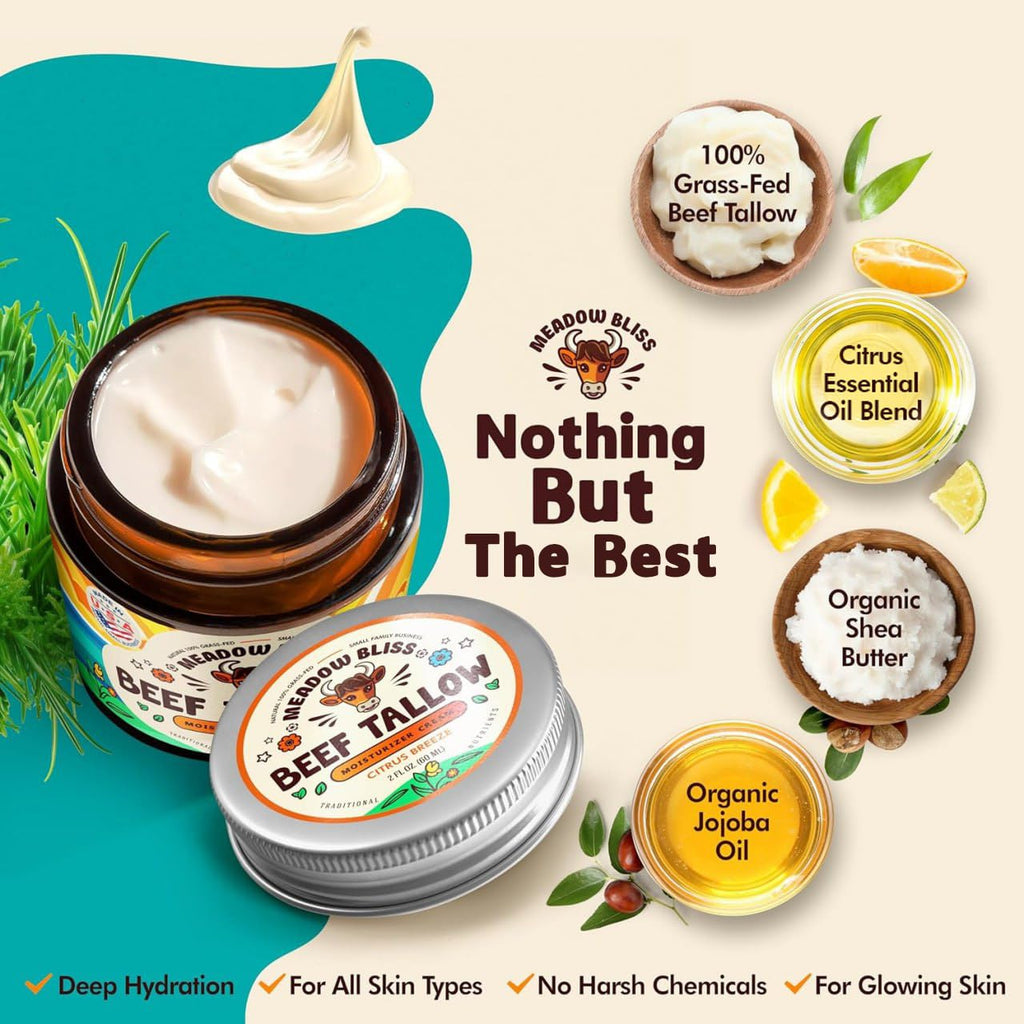 Meadow Bliss Beef Tallow for Skin – Moisturizer Cream with Grass-Fed Tallow, Organic Jojoba Oil & Shea Butter | Citrus Breeze | 4 oz | Made in USA