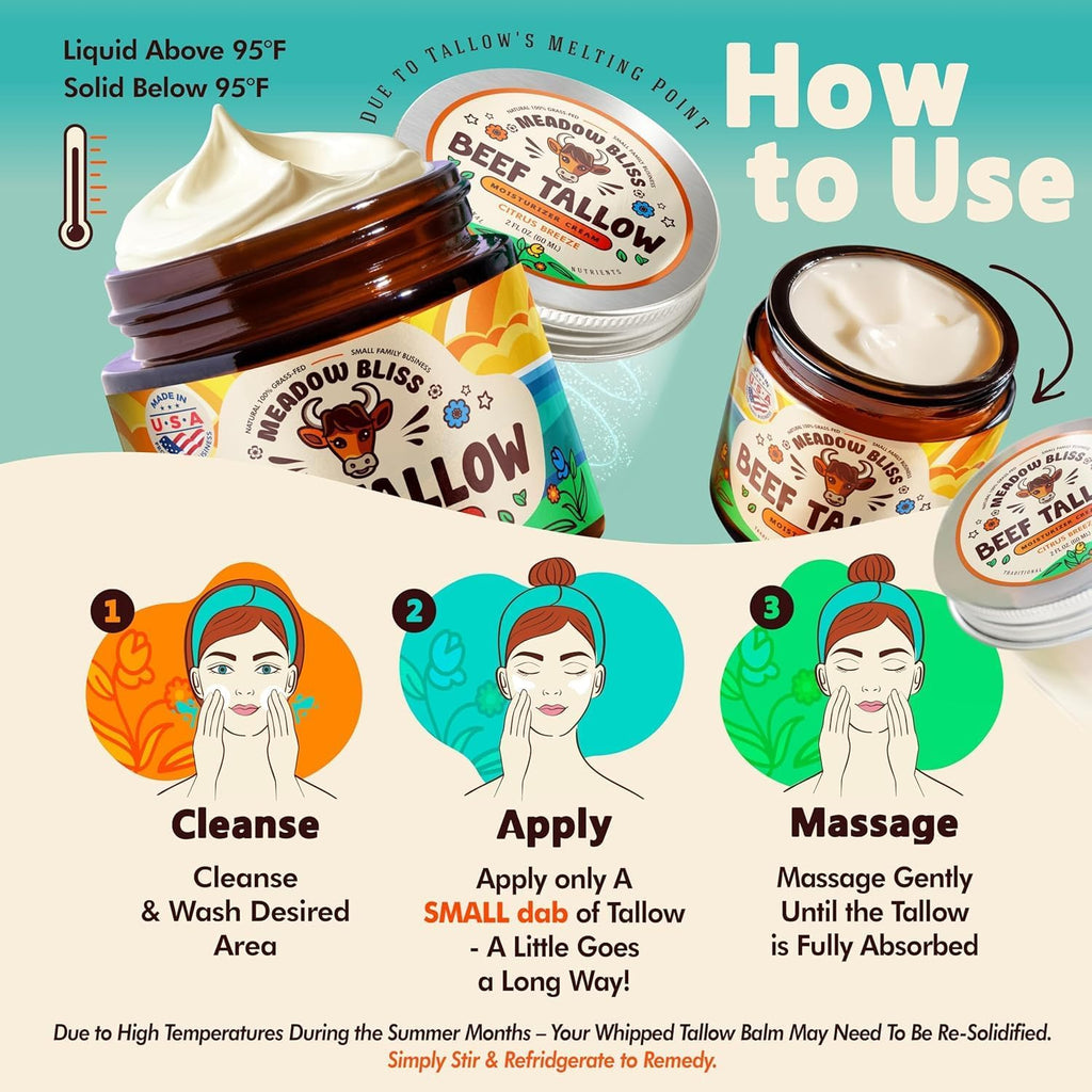 Meadow Bliss Beef Tallow for Skin – Whipped Moisturizer with Manuka Honey & Jojoba Oil | Citrus Breeze, 4 oz