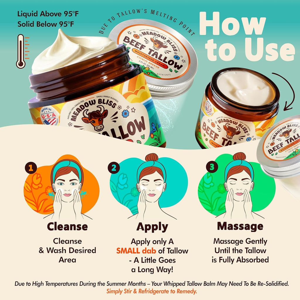 Meadow Bliss Beef Tallow for Skin – Moisturizer Cream with Grass-Fed Tallow, Organic Jojoba Oil & Shea Butter | Citrus Breeze | 4 oz | Made in USA