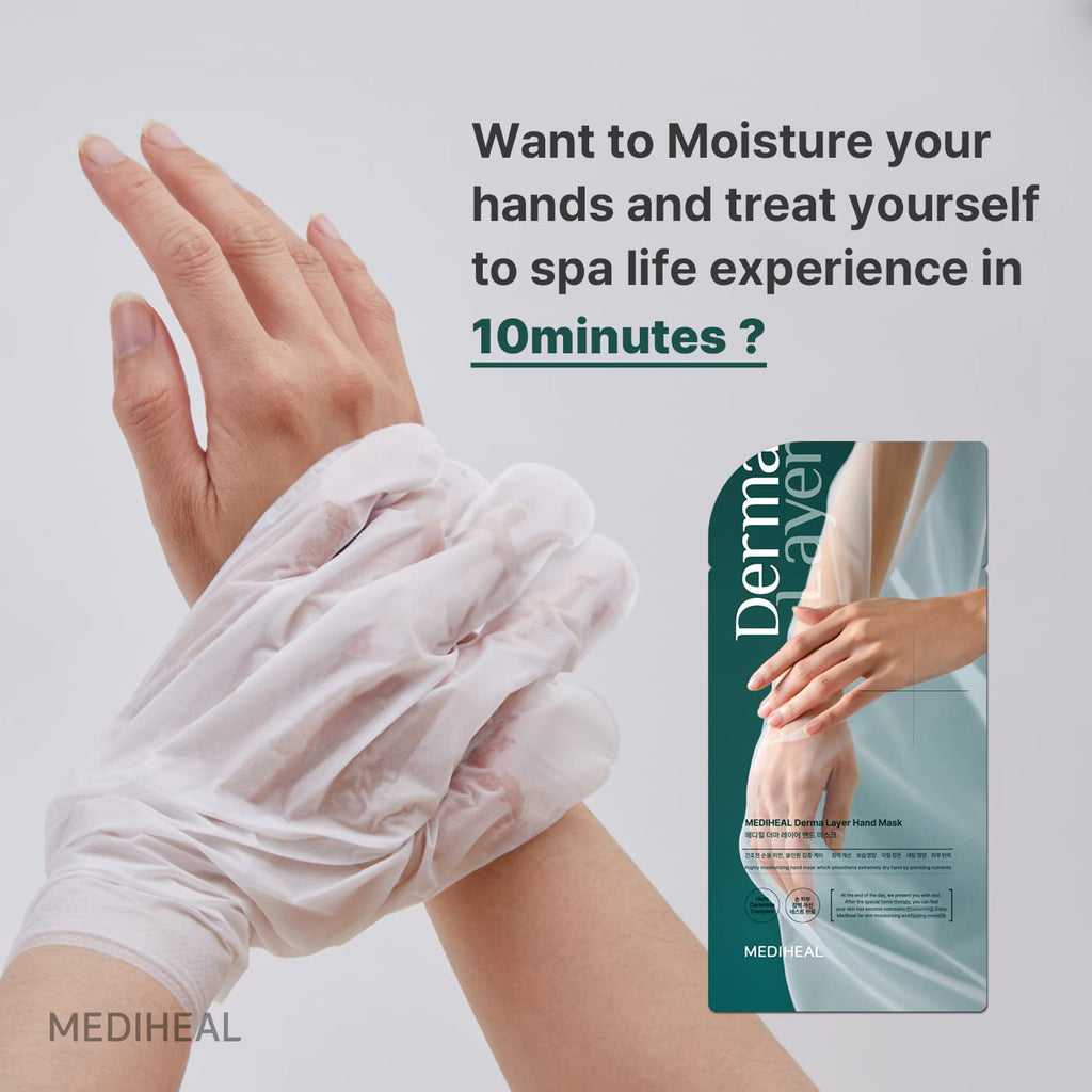 Mediheal Derma Layer Hand Mask (5 Packs) – Hyaluronic Acid Hydration, 3-Layer Structure