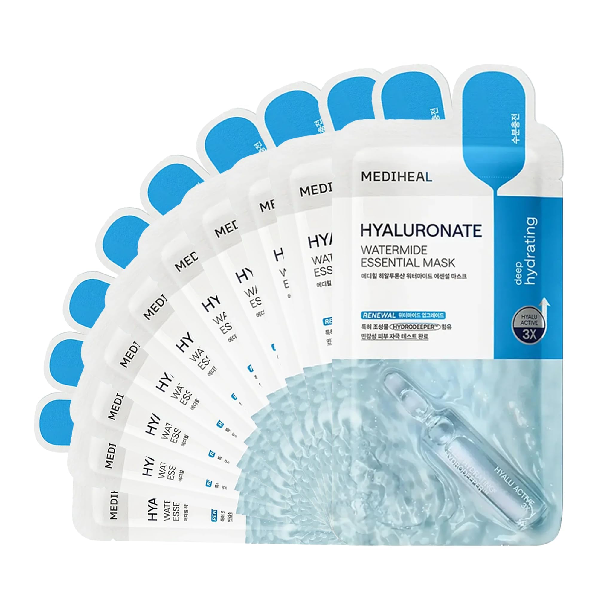 Mediheal Hyaluronate Watermide Essential Mask | HYALU ACTIVE 3X Hydration for All Skin Types | 10 Count