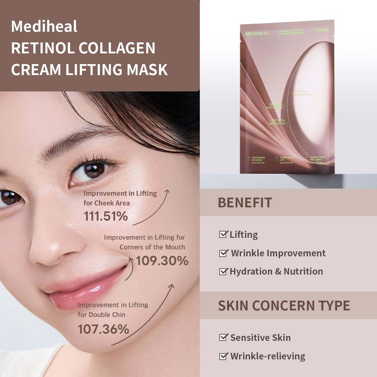 Mediheal Retinol Collagen Cream Lifting Mask – 10 Count | Firming, Anti-Aging Sheet Mask