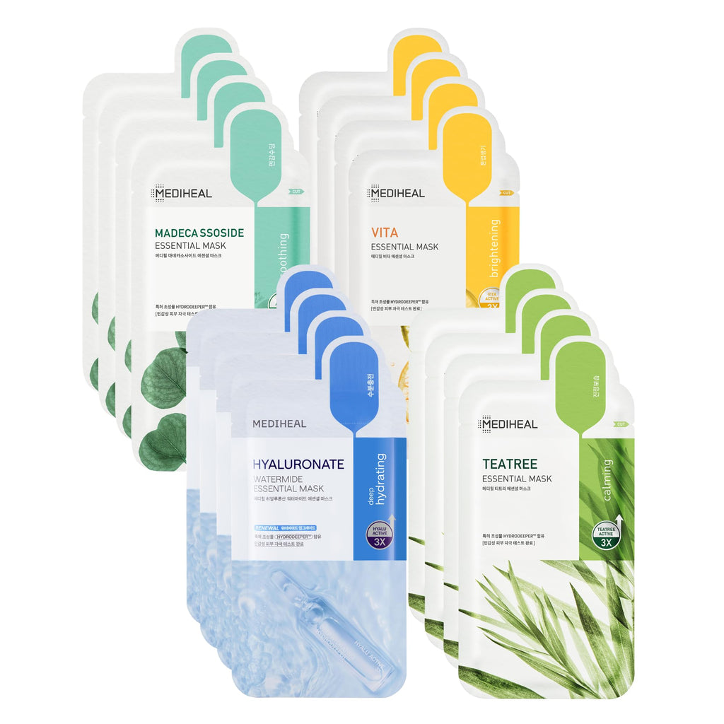 Mediheal New Essential HERO 16-pack Sheet Masks | Hyaluronate, Tea Tree, Madecassoside, Vita | Korean Skincare Gift Set