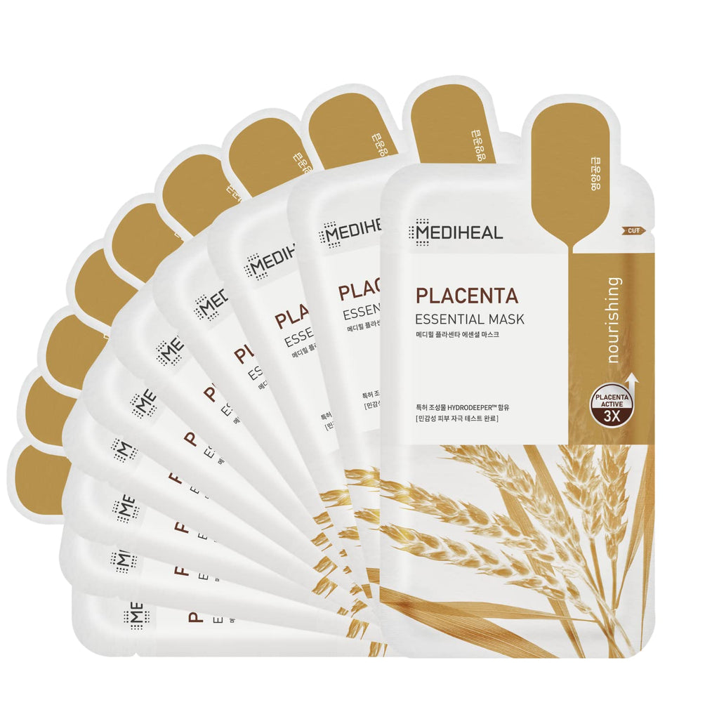 Mediheal Placenta Essential Sheet Mask – 10 Sheets for Ultra-Nourishing Glow | Korean Anti-Aging Mask