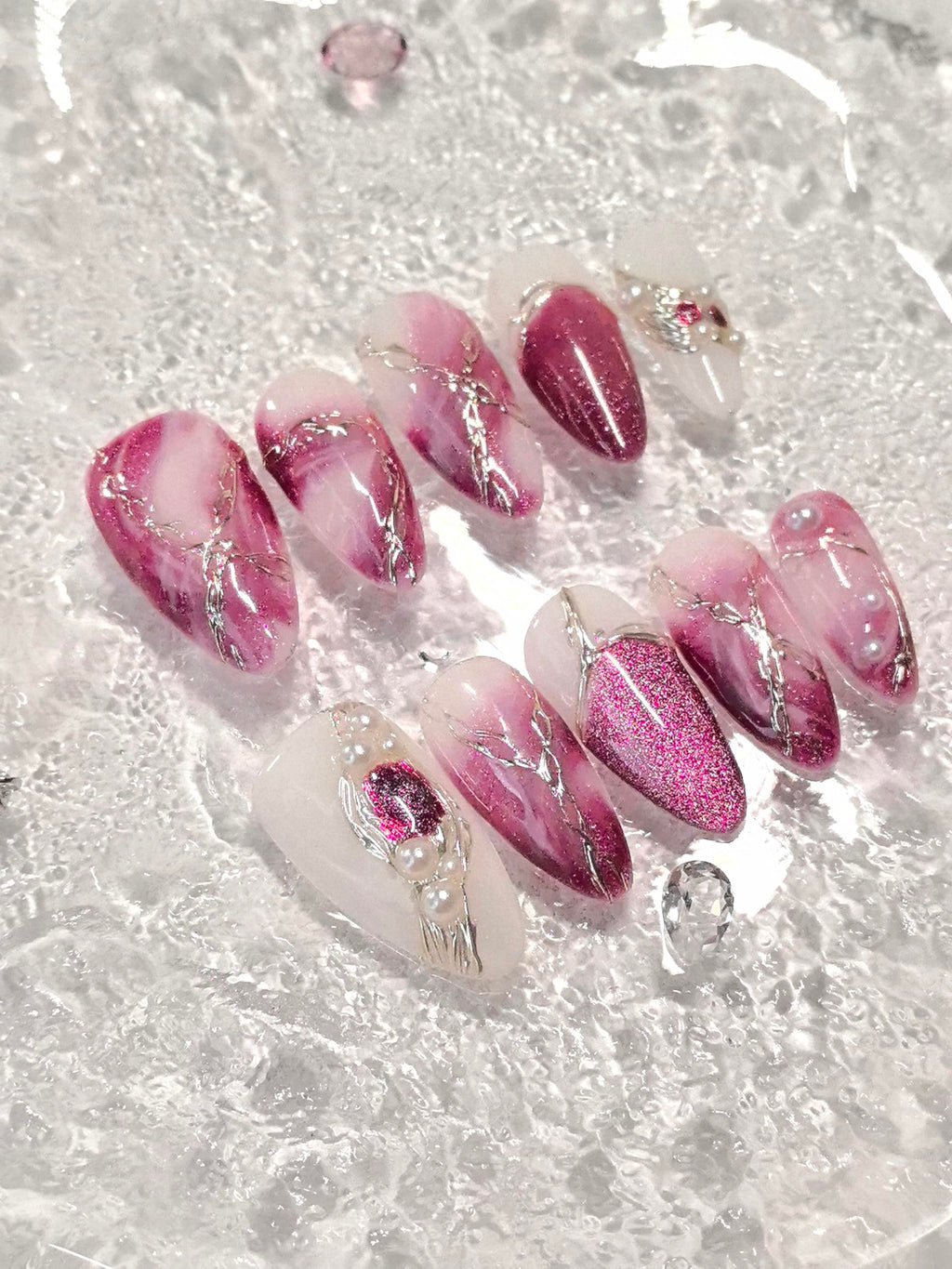 Medium Almond Pink & White Press On Nails — 3D Pearl, Glitter & Gold Line Art (10 Pieces)