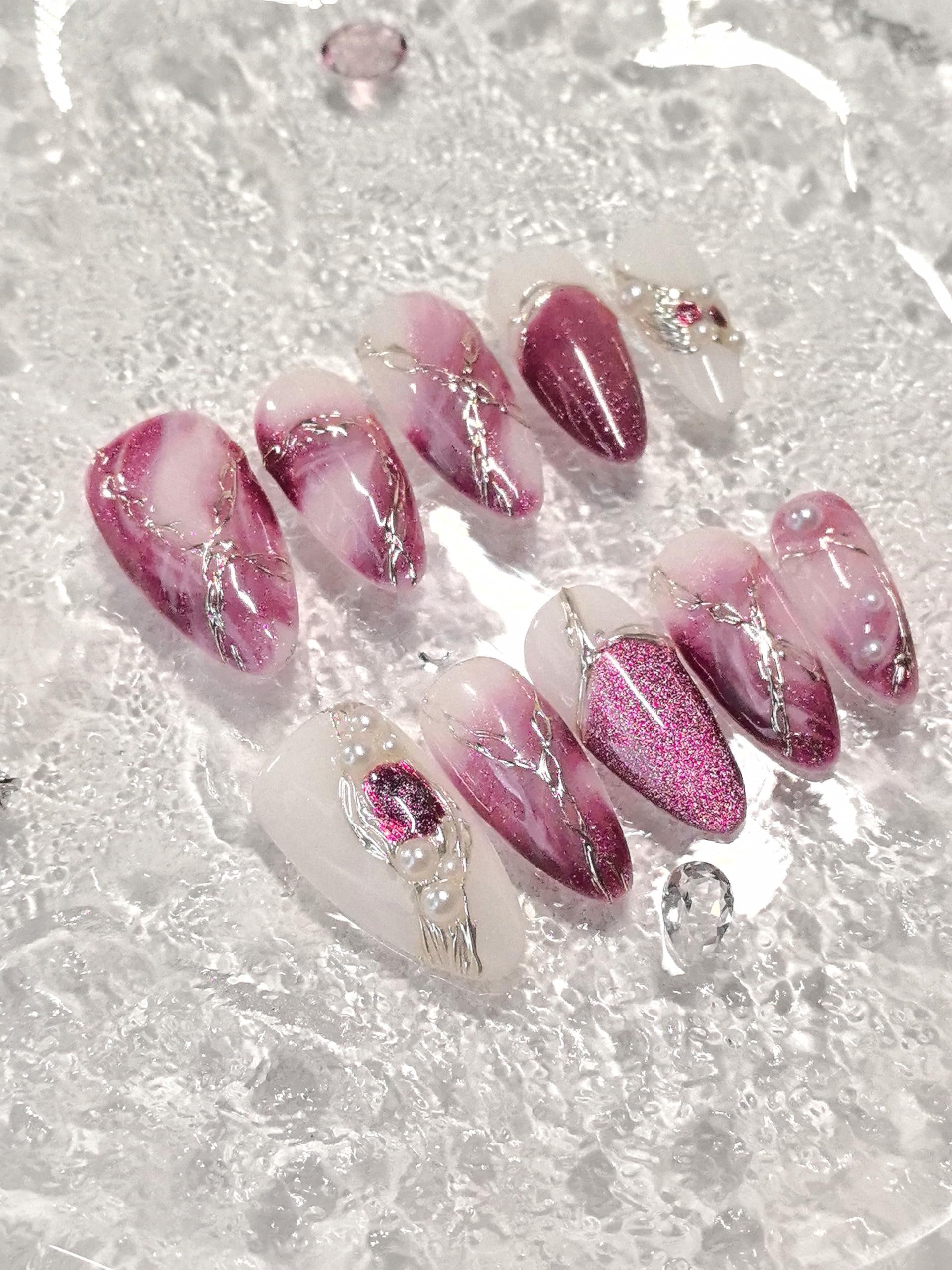 Medium Almond Pink & White Press On Nails — 3D Pearl, Glitter & Gold Line Art (10 Pieces)