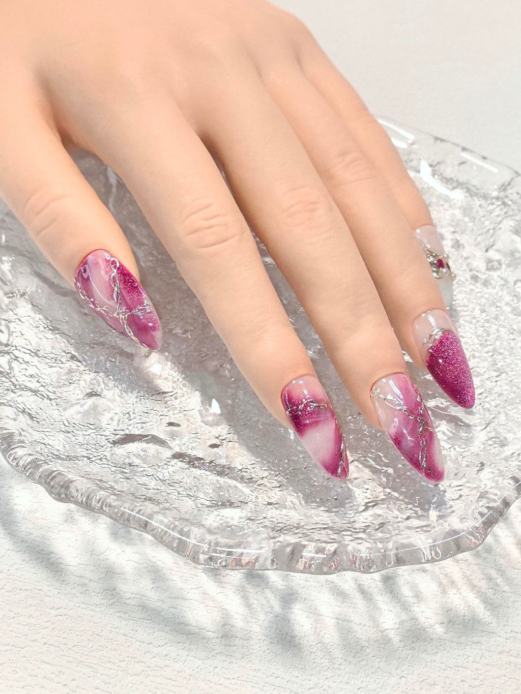 Medium Almond Pink & White Press On Nails — 3D Pearl, Glitter & Gold Line Art (10 Pieces)