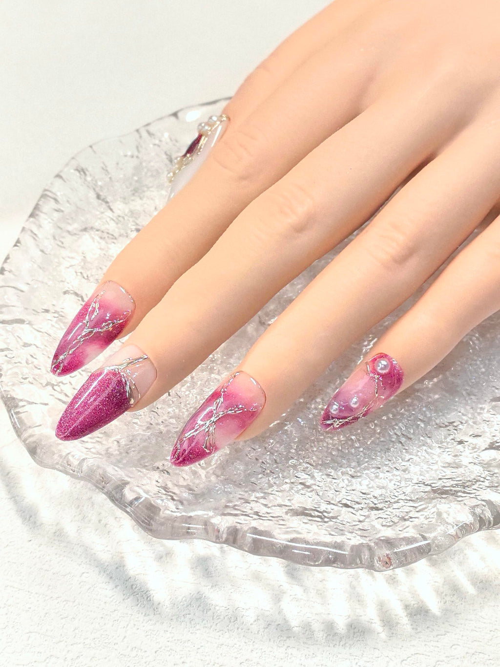 Medium Almond Pink & White Press On Nails — 3D Pearl, Glitter & Gold Line Art (10 Pieces)