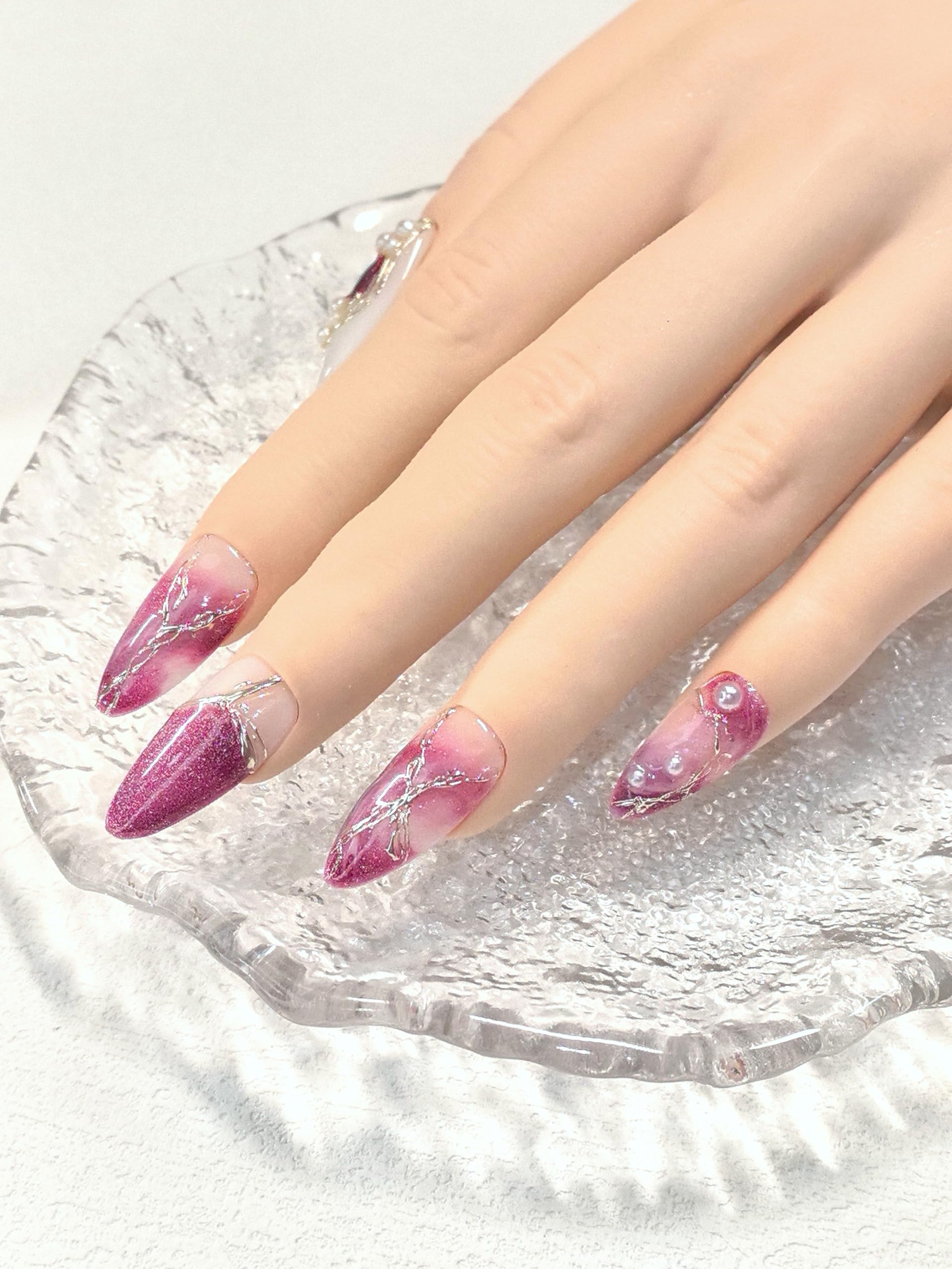 Medium Almond Pink & White Press On Nails — 3D Pearl, Glitter & Gold Line Art (10 Pieces)