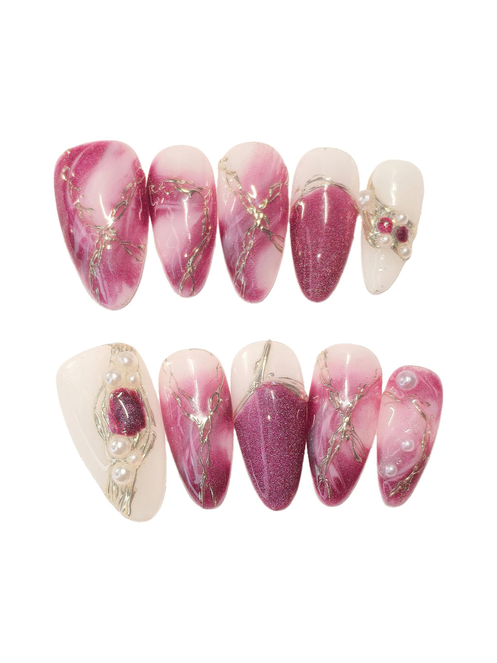 Medium Almond Pink & White Press On Nails — 3D Pearl, Glitter & Gold Line Art (10 Pieces)