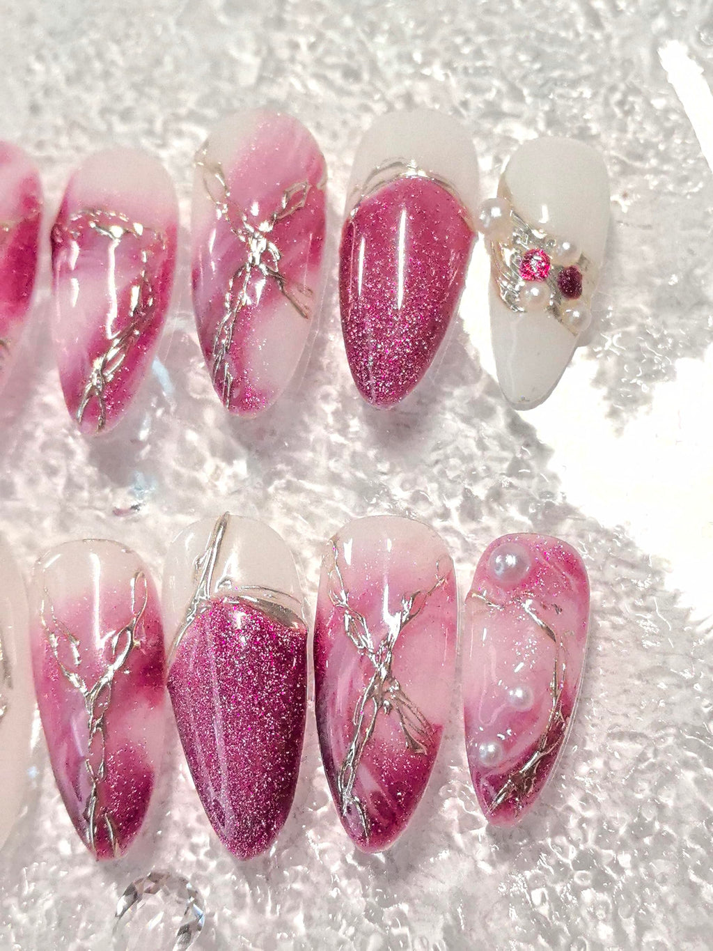 Medium Almond Pink & White Press On Nails — 3D Pearl, Glitter & Gold Line Art (10 Pieces)