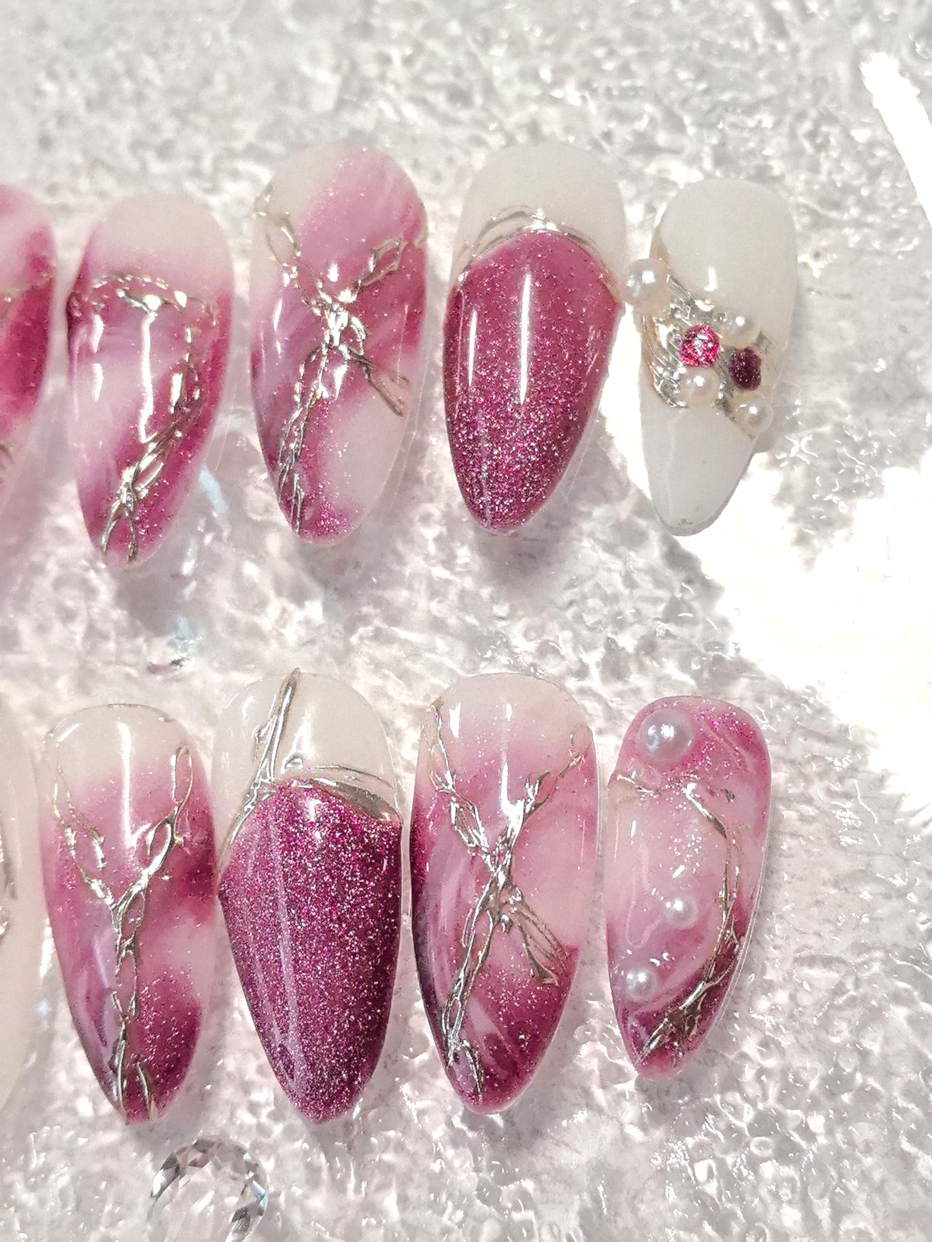 Medium Almond Pink & White Press On Nails — 3D Pearl, Glitter & Gold Line Art (10 Pieces)