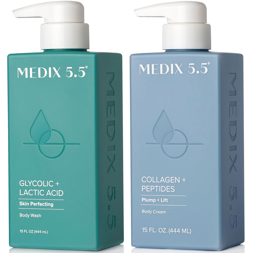 Medix 5.5 Exfoliating AHA Glycolic Acid Wash + Collagen Body Cream – 2pc Set