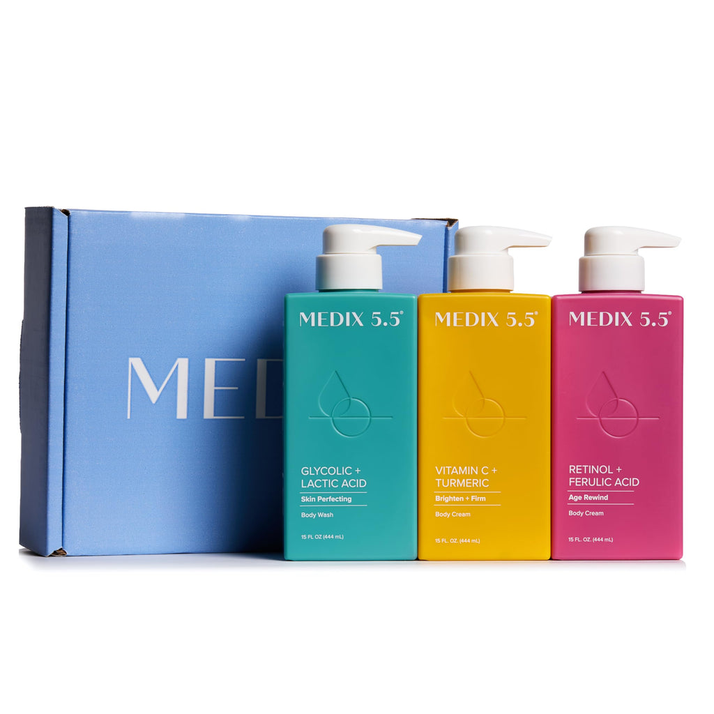 Medix 5.5 Smooth & Glow 3PC Skin Care Set | Glycolic Exfoliating Wash, Vitamin C Cream, Retinol Lotion