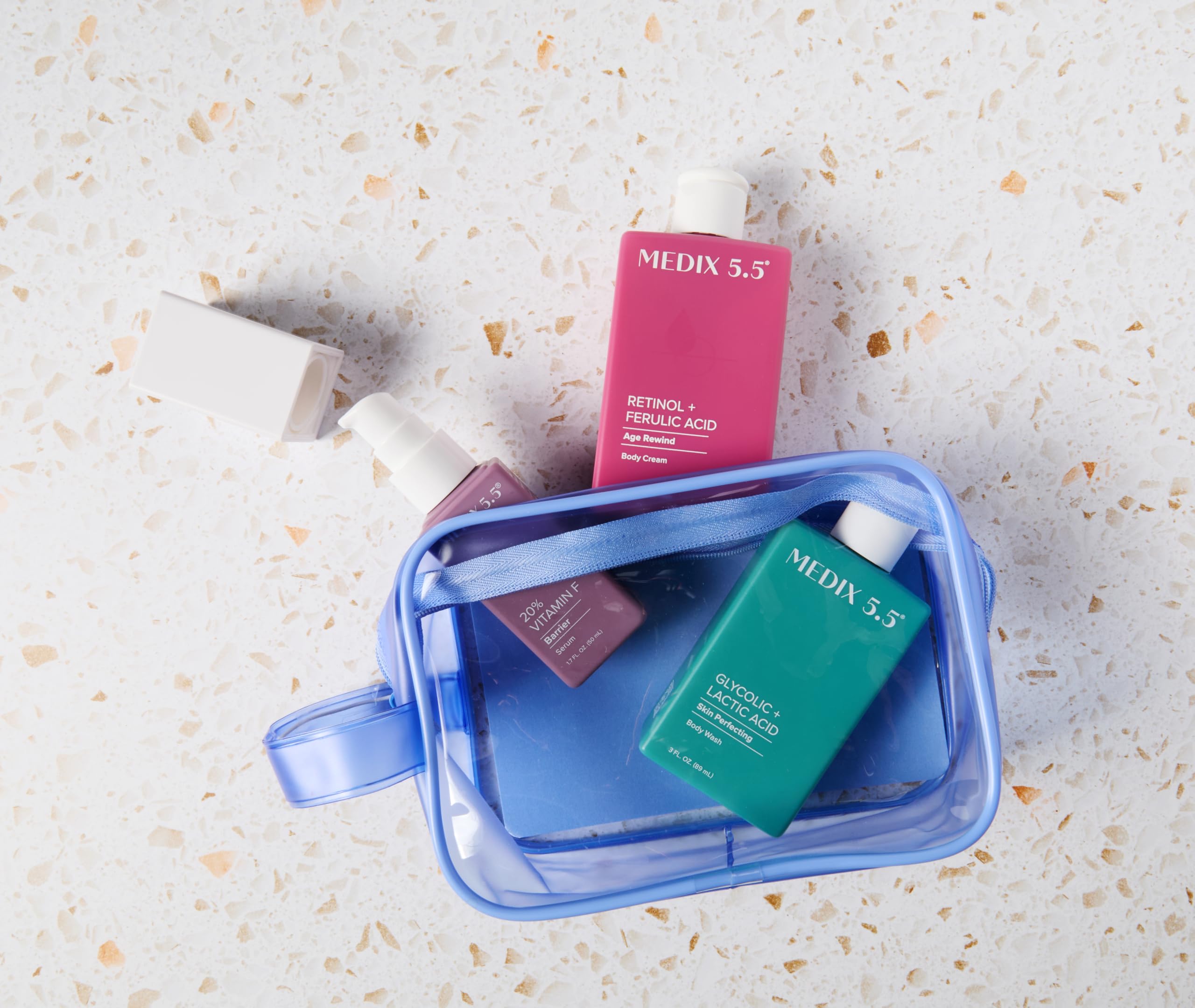 Medix 5.5 Best Sellers Travel Kit: Retinol Body Lotion + Glycolic Wash + Vitamin F Body Oil (3pc)