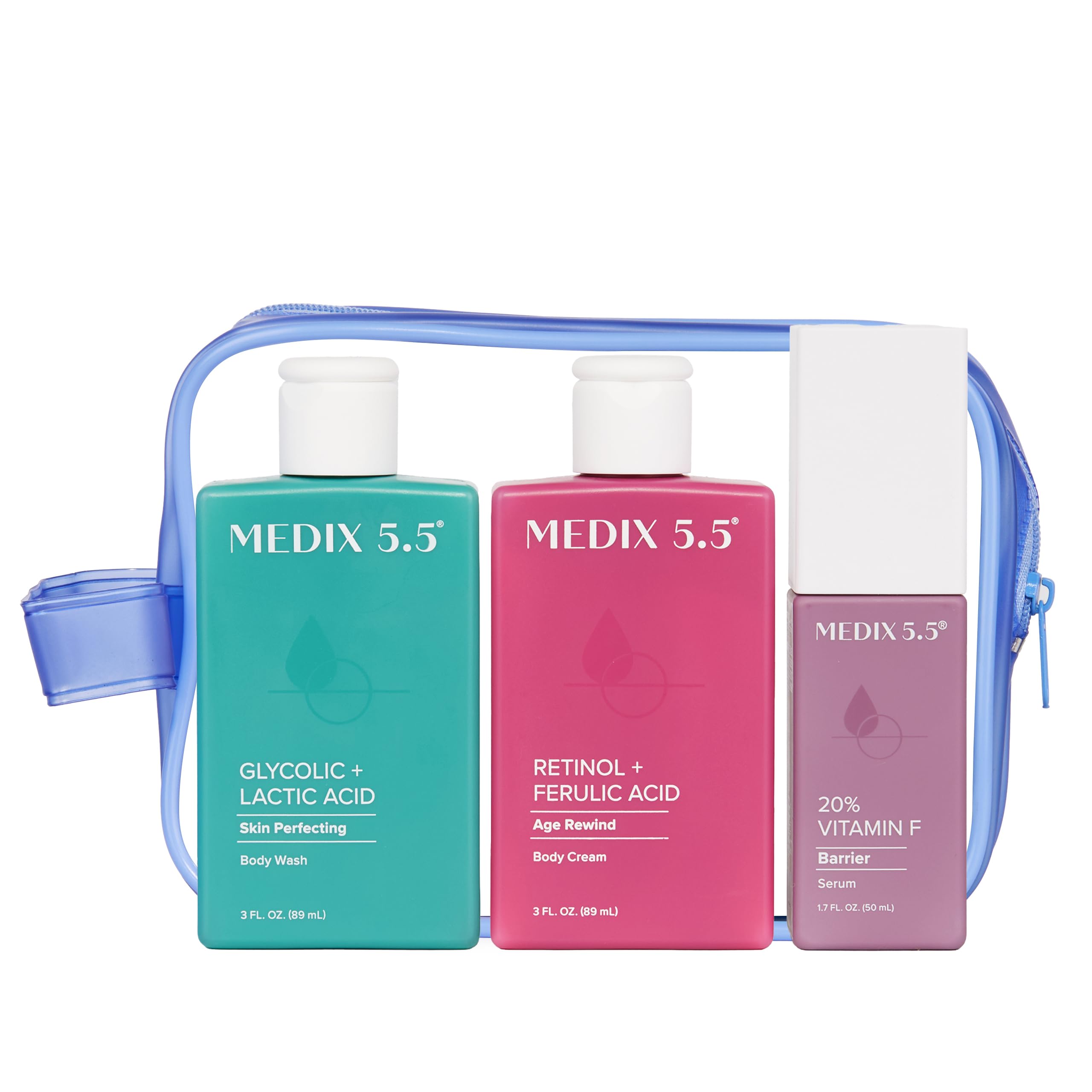 Medix 5.5 Best Sellers Travel Kit: Retinol Body Lotion + Glycolic Wash + Vitamin F Body Oil (3pc)