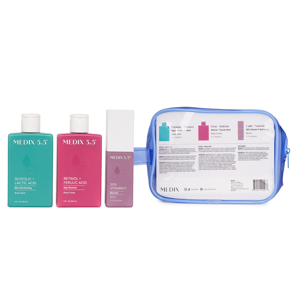 Medix 5.5 Best Sellers Travel Kit: Retinol Body Lotion + Glycolic Wash + Vitamin F Body Oil (3pc)