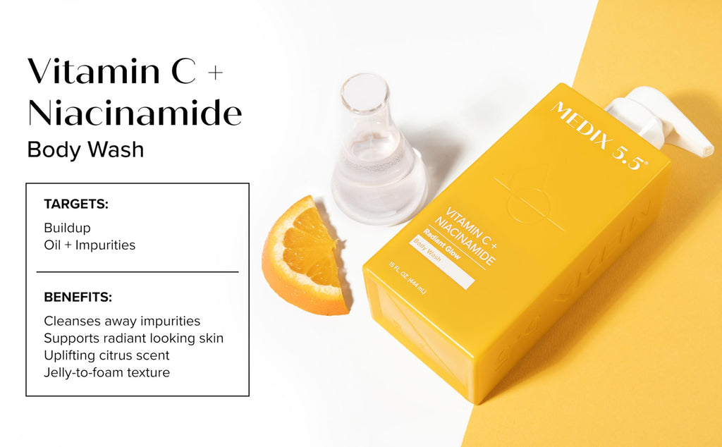 Medix 5.5 Radiant Glow Vitamin C Body Wash with Niacinamide – Citrus Scented, 15 oz (3pc Travel Size)