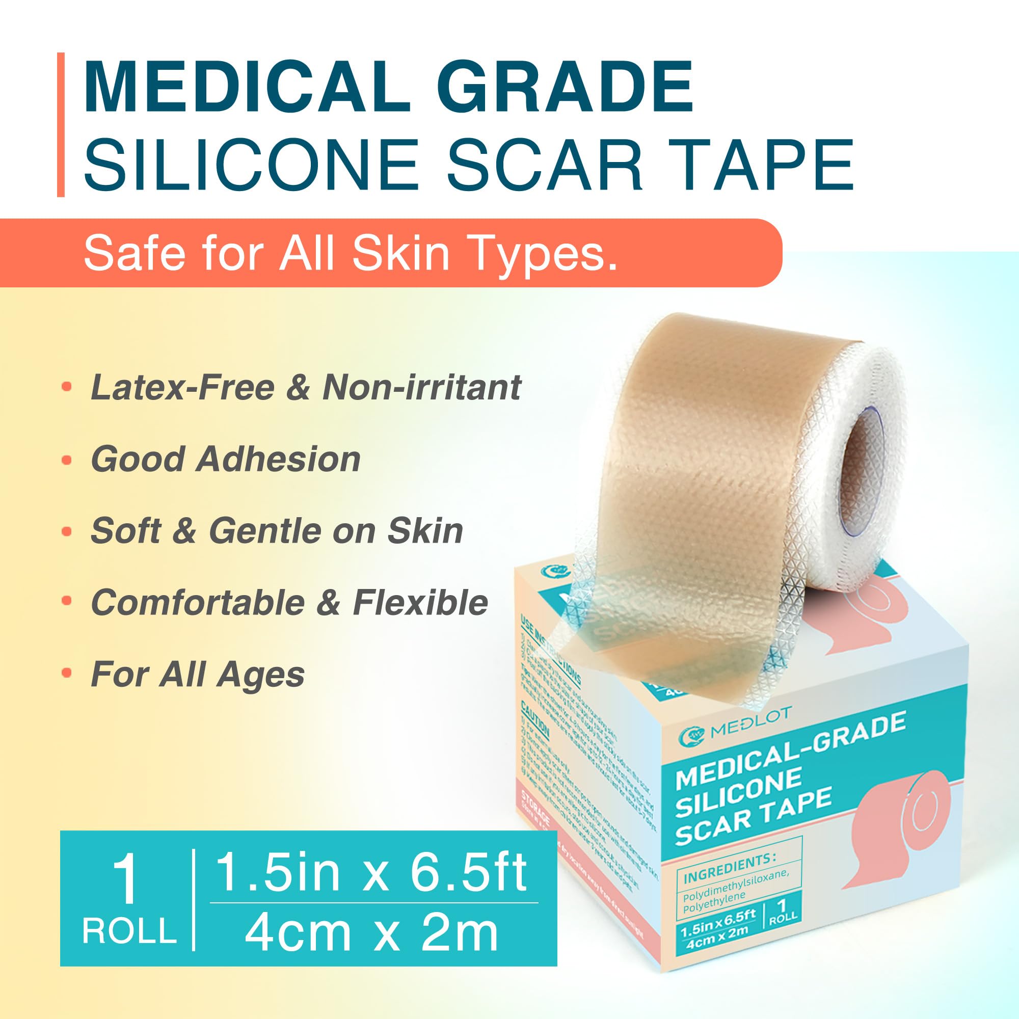 MEDLOT Silicone Scar Sheets 1.55” x 78” Roll – Reusable Scar Tape for Surgical & Skin Scars