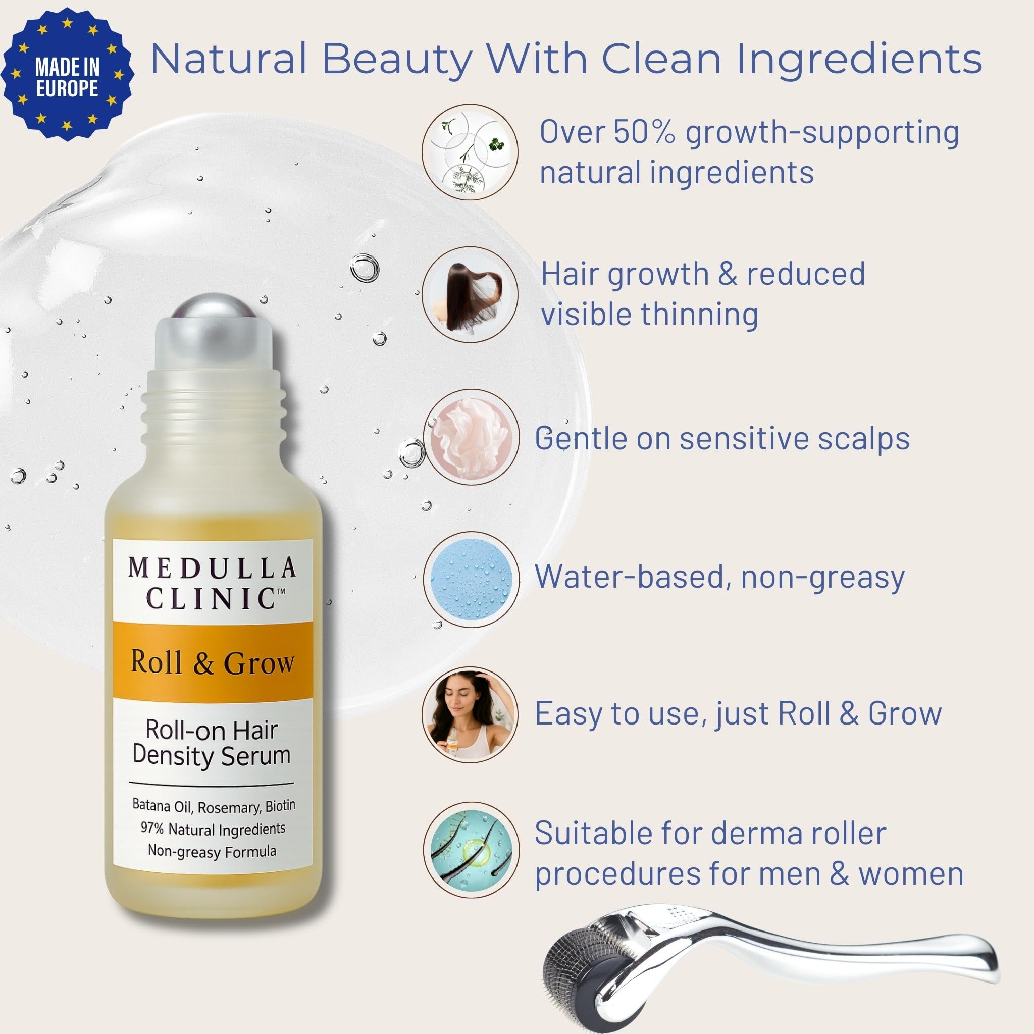 Medulla Clinic Hair Growth Serum Roll On – Made in EU, Batana, Rosemary & Biotin (1 fl oz)