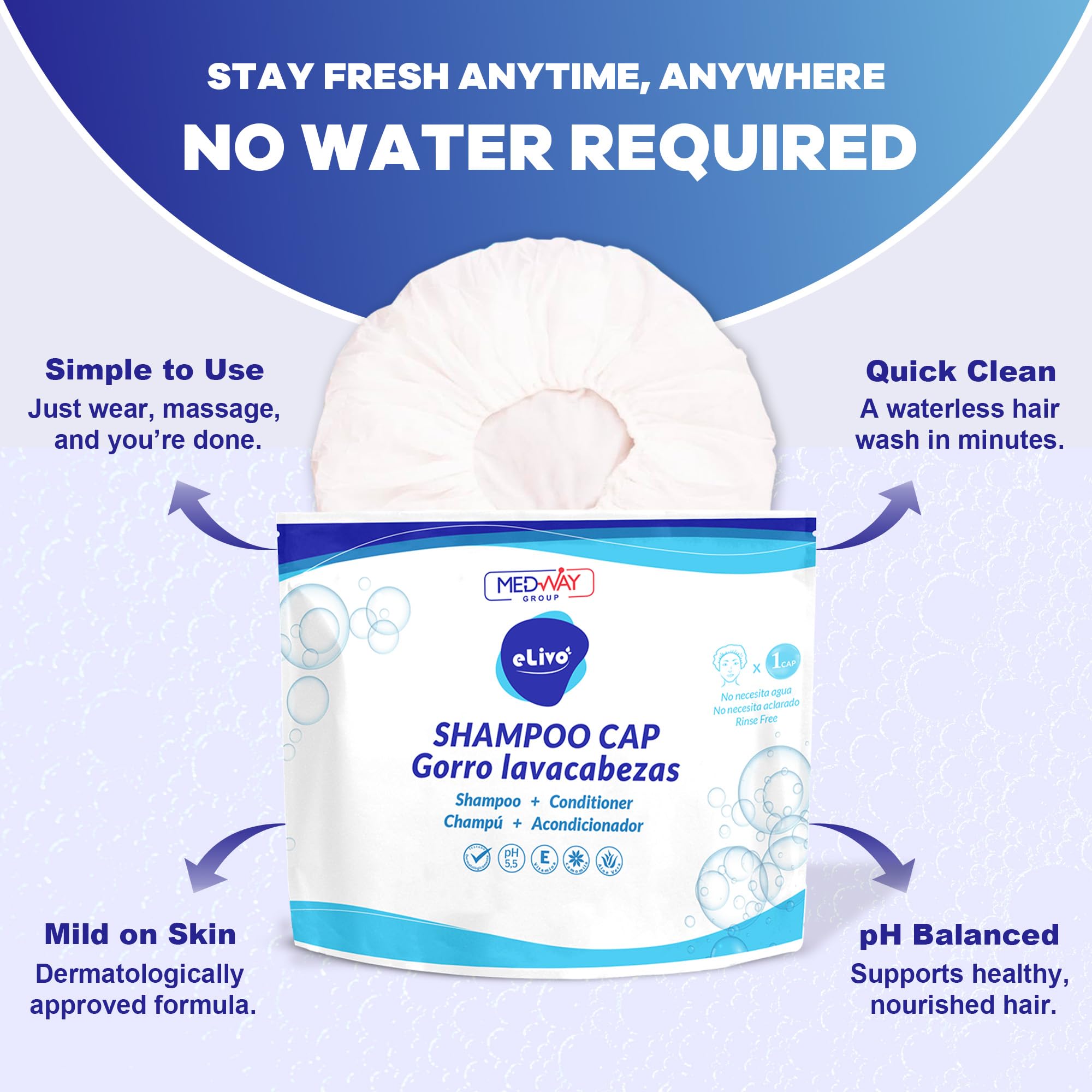 MedVance No Rinse Shampoo Cap 3-Pack – Rinse-Free, PH-Balanced Hair Wash