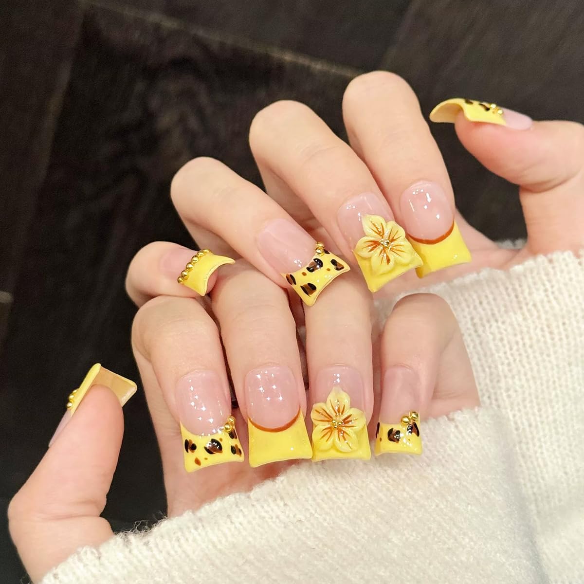 Meemooron Duck Press-On Nails – Yellow French with 3D Cherry Blossoms & Leopard Print, Size M (10 pcs)