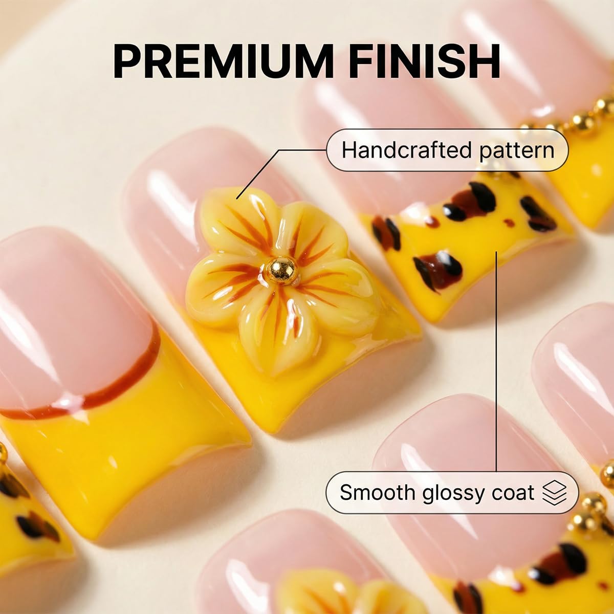 Meemooron Duck Press-On Nails – Yellow French with 3D Cherry Blossoms & Leopard Print, Size M (10 pcs)