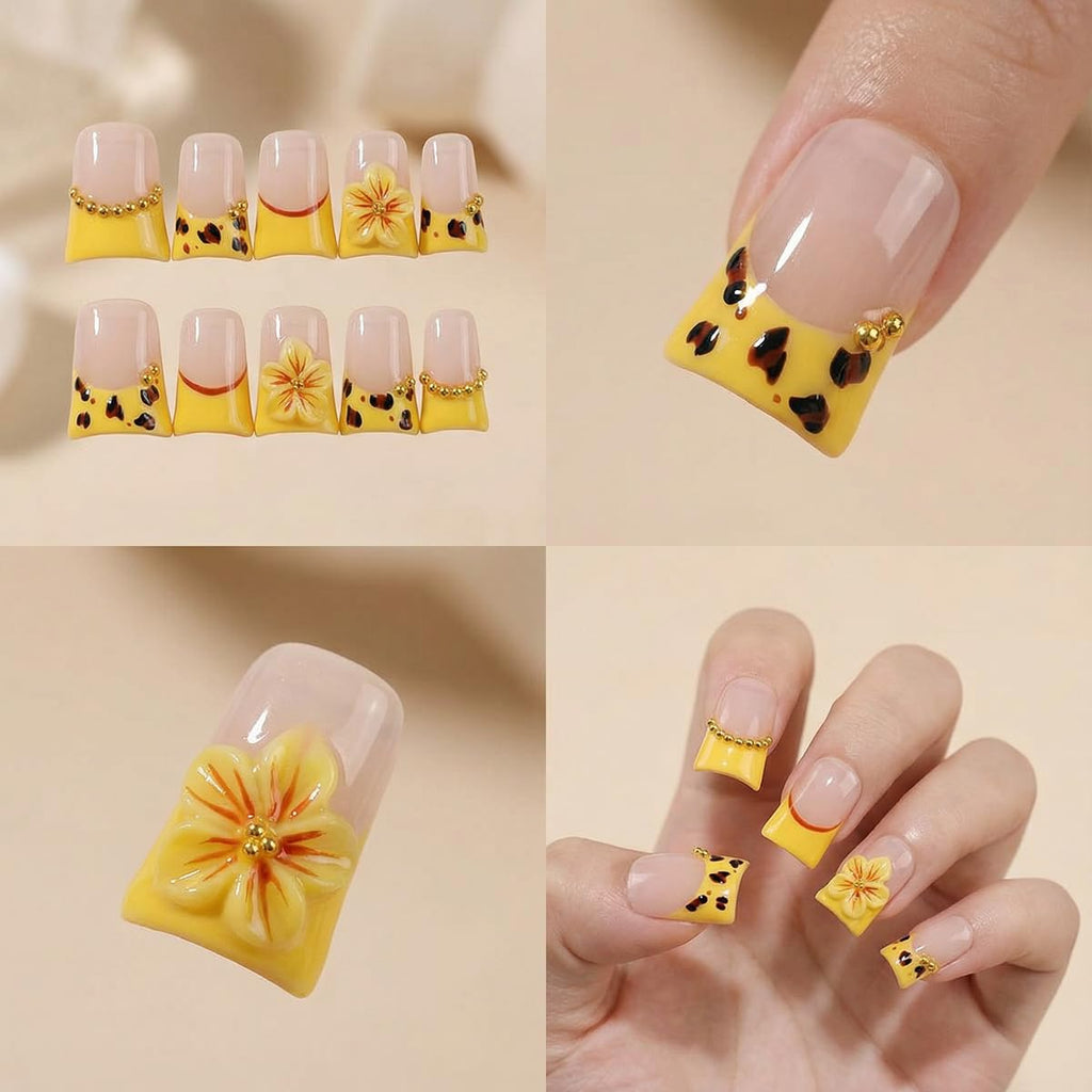 Meemooron Duck Press-On Nails – Yellow French with 3D Cherry Blossoms & Leopard Print, Size M (10 pcs)