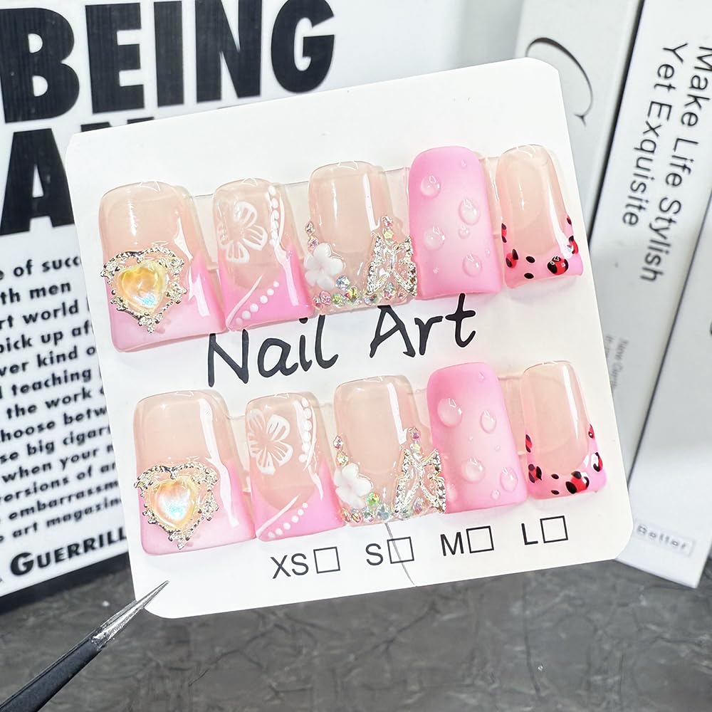 Meemooron Duck Press on Nails – 3D Flower Bow & Heart, Pink Sparkle, Short Nails (Size M) – 10 pcs