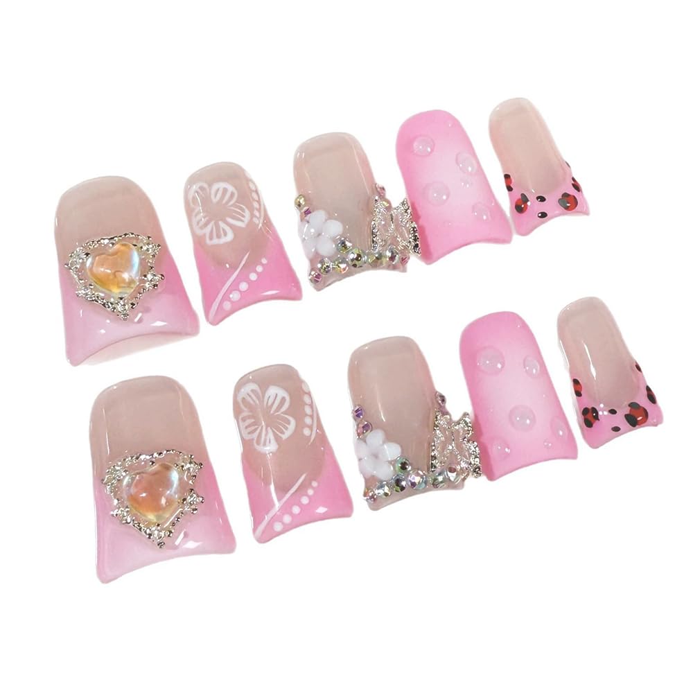 Meemooron Duck Press on Nails – 3D Flower Bow & Heart, Pink Sparkle, Short Nails (Size M) – 10 pcs