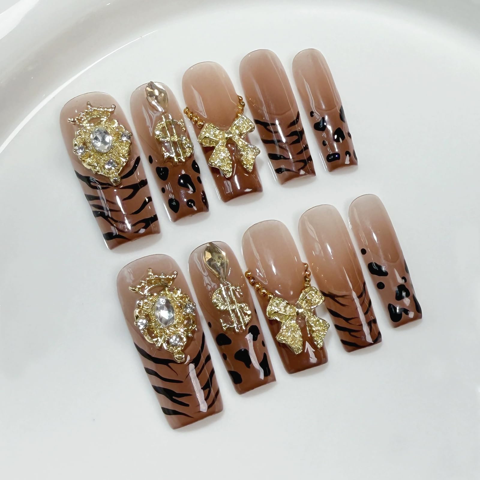 Meemooron Handmade Press-On Nails – Leopard French Tip with 3D Bow & Gold Crown