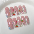 Meemooron Handmade Press-On Nails | Long Square 3D Cherry Rhinestones & Floral Pink Sparkle – 10pcs (Size M)