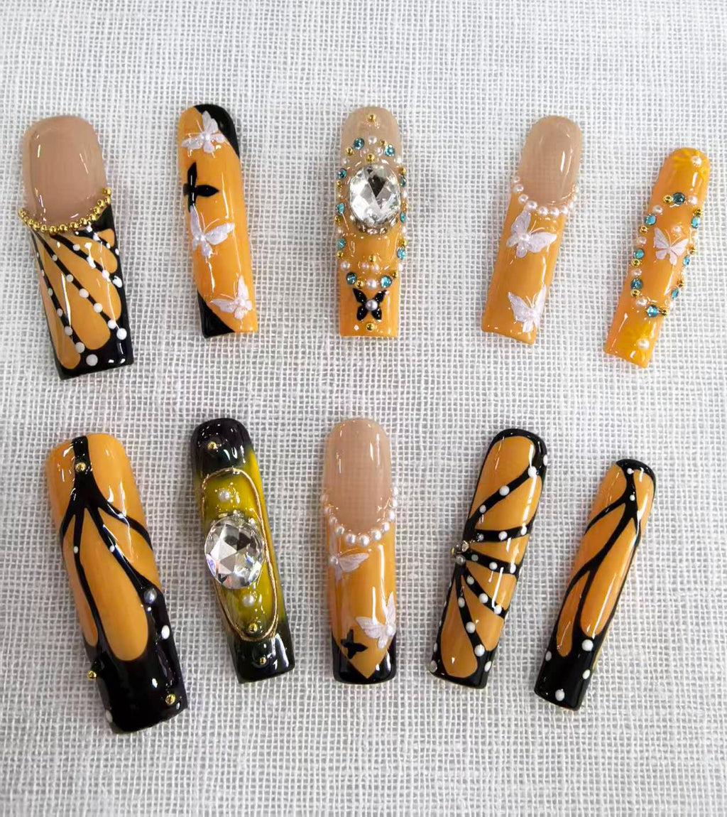 Meemooron Handmade Press-On Nails – Yellow French Tip with 3D Butterfly (10pcs, Size M)