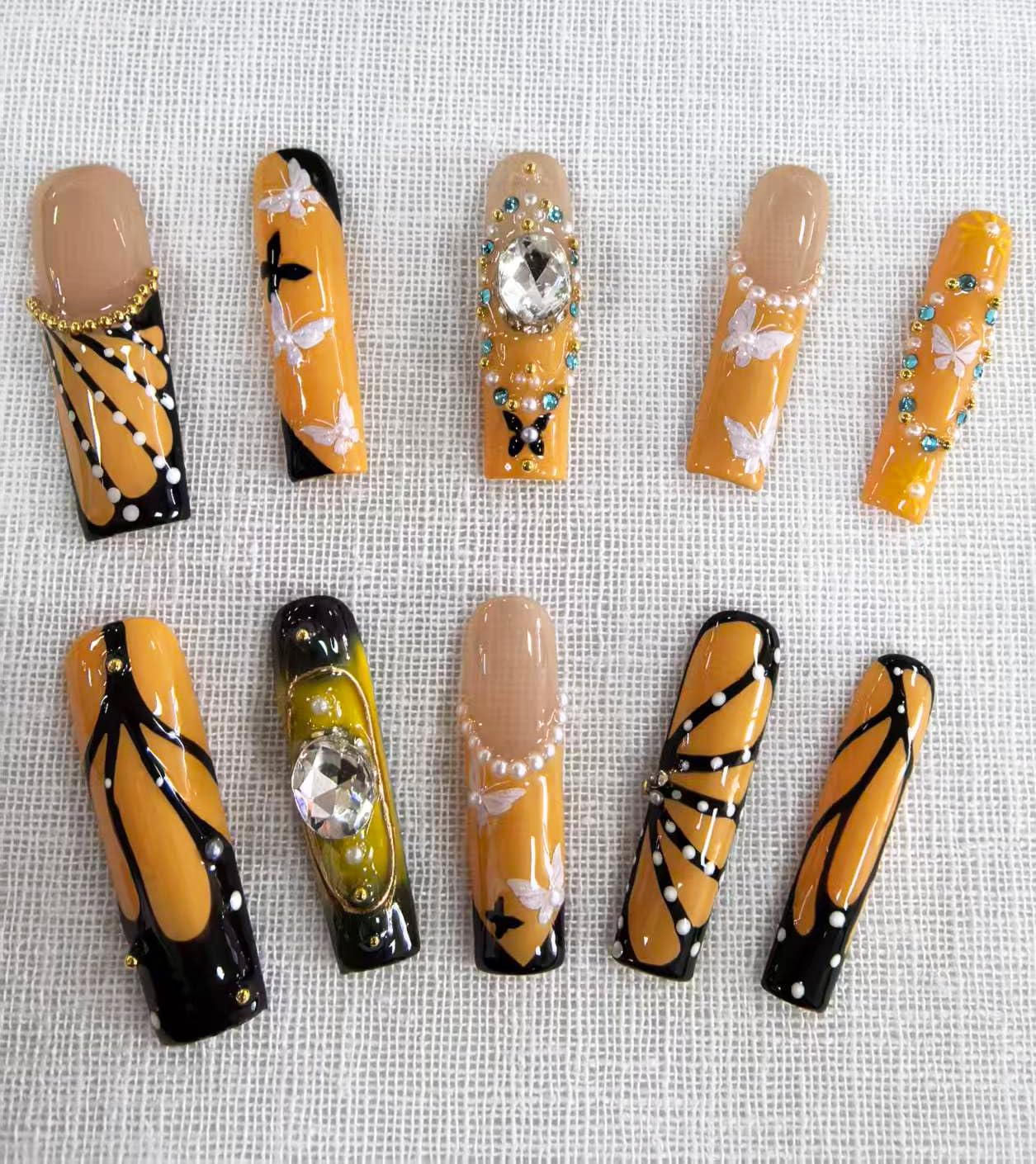 Meemooron Handmade Press-On Nails – Yellow French Tip with 3D Butterfly (10pcs, Size M)