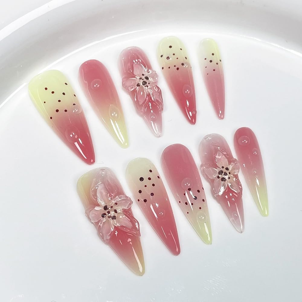 Meemooron Handmade Press-On Nails – Long Stiletto, Leopard Print, 3D Flower Design, Pink Glossy (10pcs, Size M)