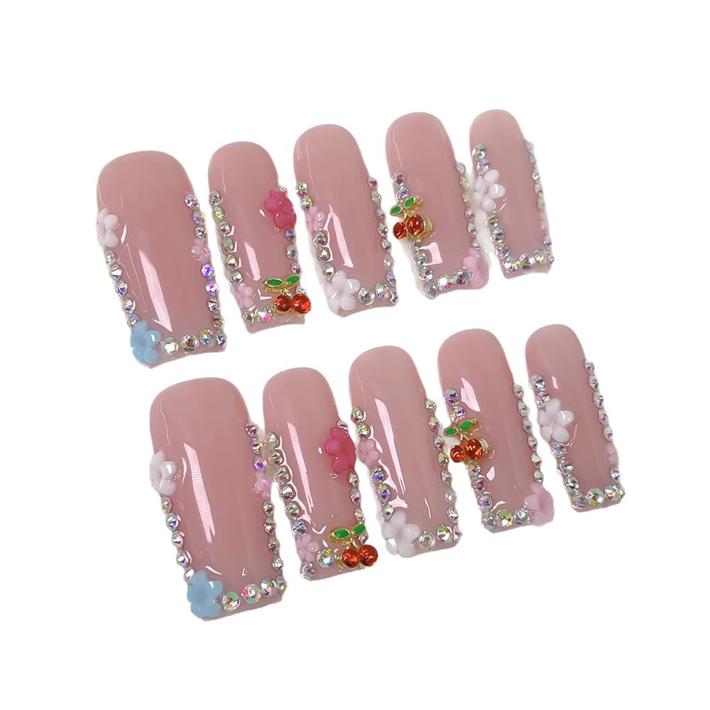 Meemooron Handmade Press-On Nails | Long Square 3D Cherry Rhinestones & Floral Pink Sparkle – 10pcs (Size M)