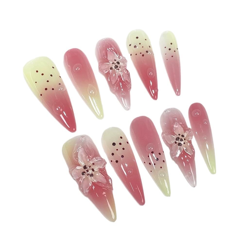 Meemooron Handmade Press-On Nails – Long Stiletto, Leopard Print, 3D Flower Design, Pink Glossy (10pcs, Size M)