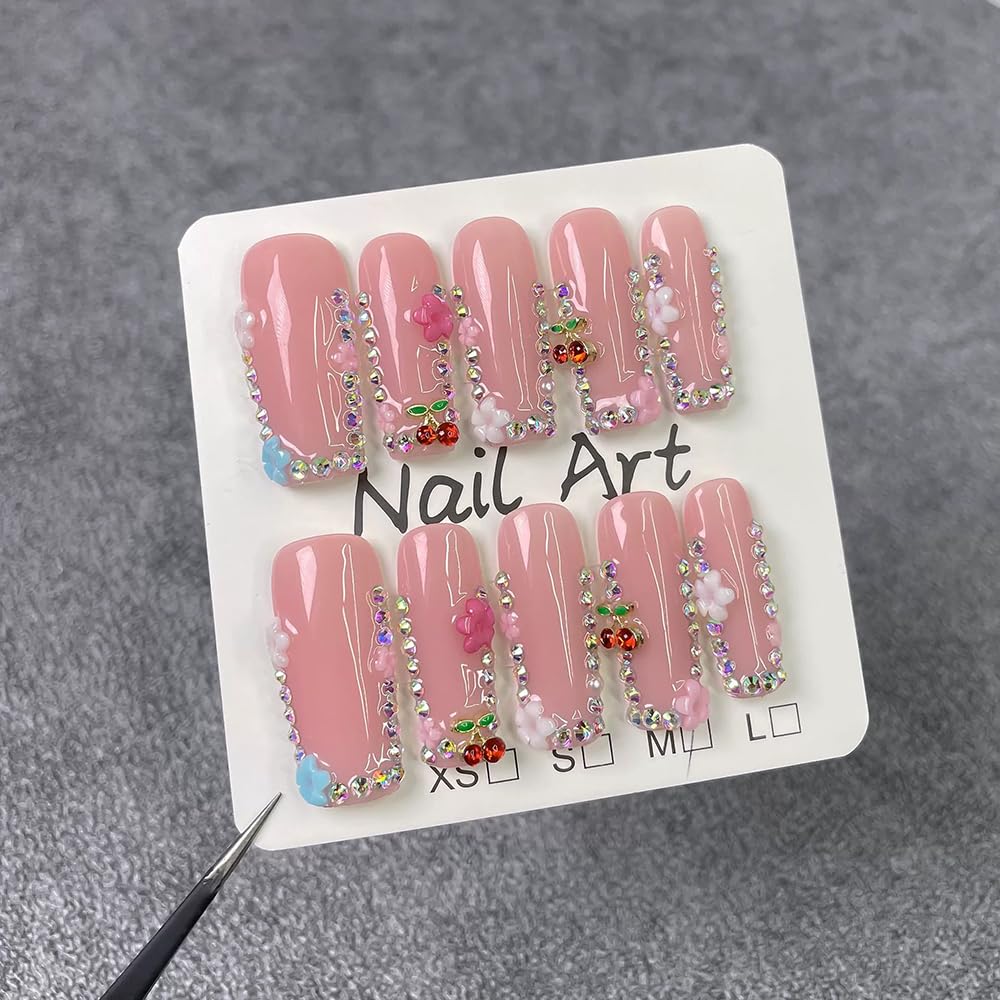 Meemooron Handmade Press-On Nails | Long Square 3D Cherry Rhinestones & Floral Pink Sparkle – 10pcs (Size M)