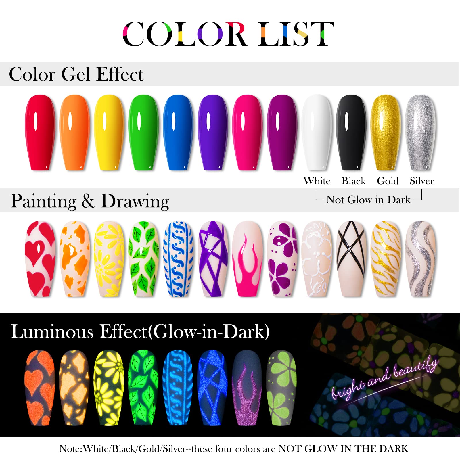 Glow in the Dark Nail Art Kit - 12 Neon Colors | MEET ACROSS UV Gel Polish, Soak-Off, Glow Effect