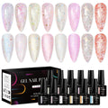 MEET ACROSS 12 Pcs Gold Foil Gel Nail Polish Set – 8 Glitter Colors + Base, Top Coat, Dehydrator & Primer