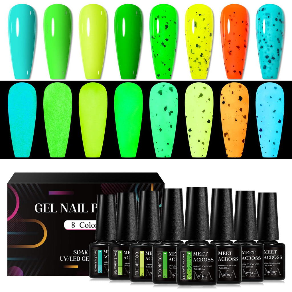 MEET ACROSS 8 Colors Glow Gel Nail Polish – Neon Glow in the Dark Kit