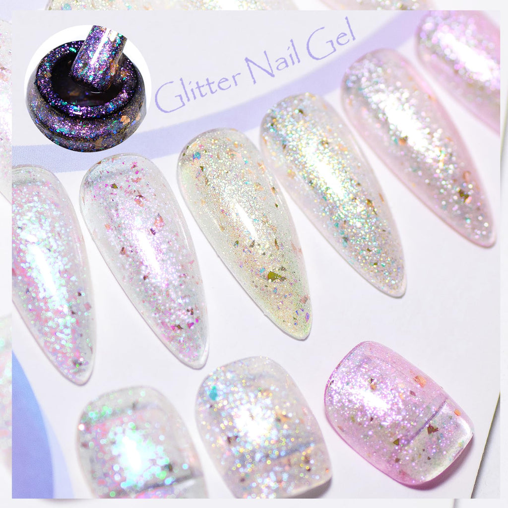 MEET ACROSS 12 Pcs Gold Foil Gel Nail Polish Set – 8 Glitter Colors + Base, Top Coat, Dehydrator & Primer