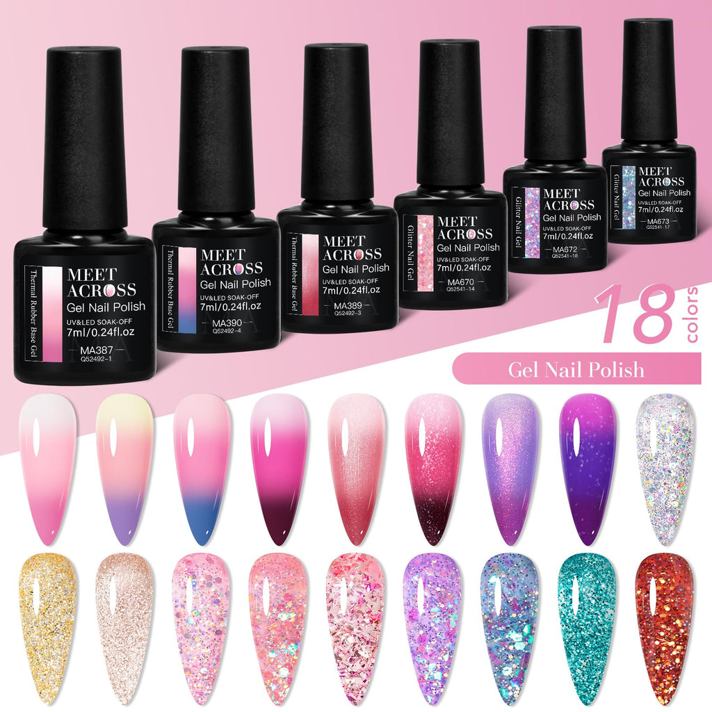 MEET ACROSS Color Changing Gel Polish Set – Mood Temperature Nail Polish, Nude Pink & Purple, 18pcs