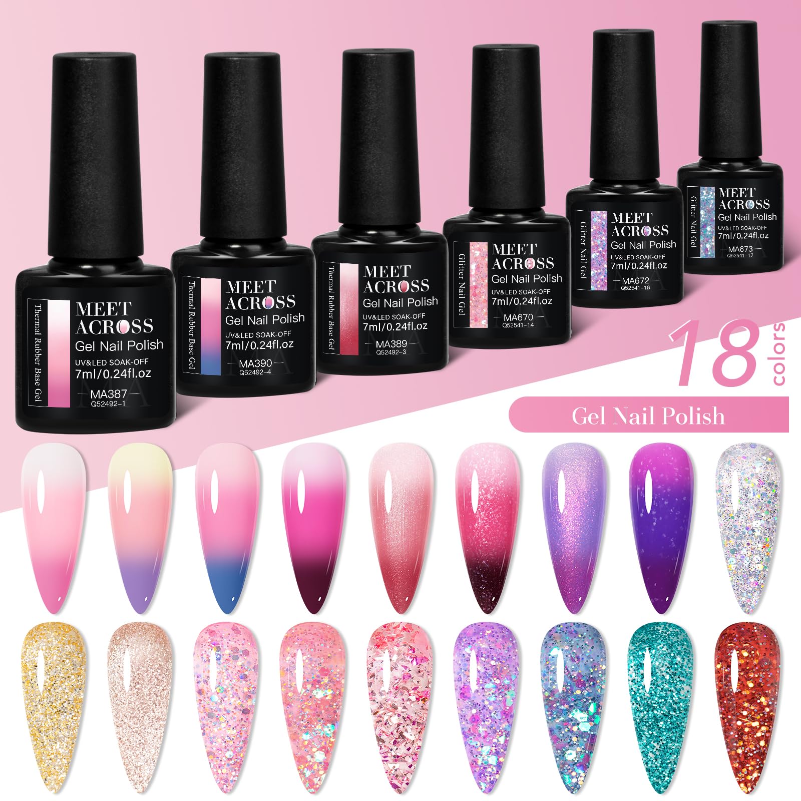 MEET ACROSS Color Changing Gel Polish Set – Mood Temperature Nail Polish, Nude Pink & Purple, 18pcs