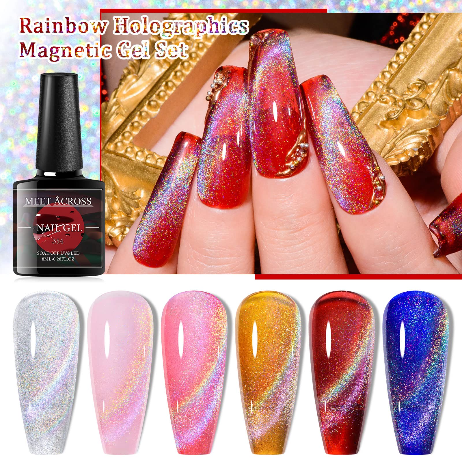 MEET ACROSS Cat Eye Glitter Gel Polish Set – Magnetic 6-Color UV Gel Kit with Magnet Stick