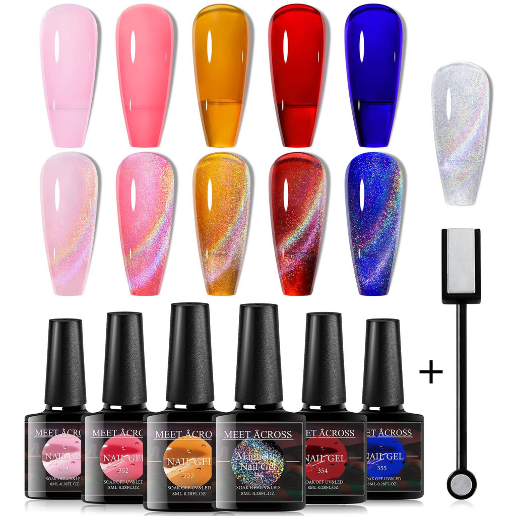 MEET ACROSS Cat Eye Glitter Gel Polish Set – Magnetic 6-Color UV Gel Kit with Magnet Stick