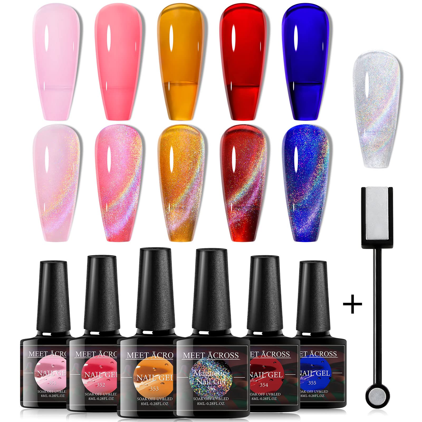 MEET ACROSS Cat Eye Glitter Gel Polish Set – Magnetic 6-Color UV Gel Kit with Magnet Stick
