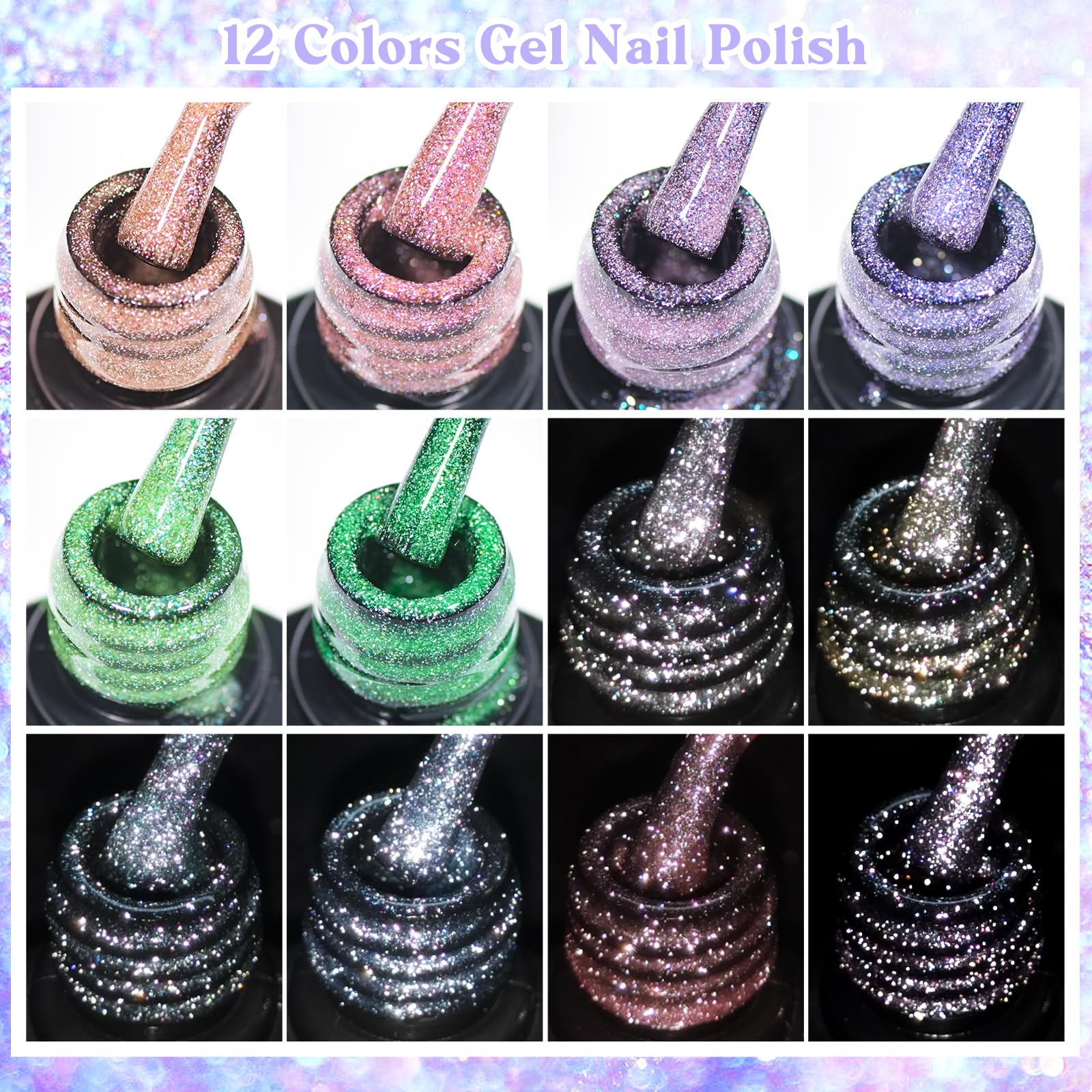 MEET ACROSS 12PCS Reflective Glitter Gel Nail Polish Kit – Holographic UV Gel Set (SET-3)